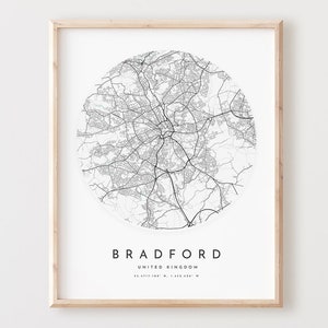 Impresión de mapa de Bradford, póster de mapa de Bradford, arte de pared de la ciudad, mapa de carreteras de Bradford, decoración de mapa callejero de Bradford, regalo de oficina, L384v4