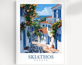 May include: A colorful illustration of a narrow street in Skiathos, Greece. Whitewashed buildings with blue accents line the cobblestone street, which is shaded by lush greenery and vibrant orange flowers. The text "Skiathos Greece" is printed at the bottom of the image.