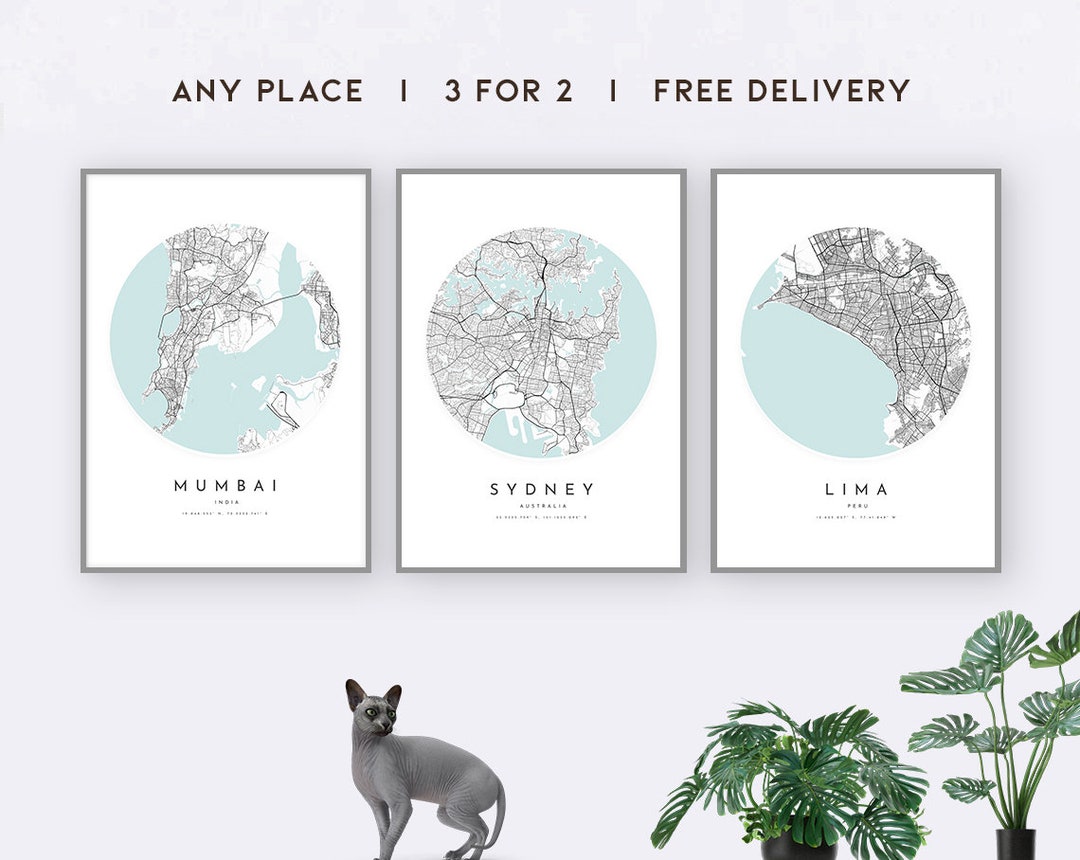 Custom Map Prints, Set of 3, Any Location, 3 for 2 Offer, Map Print Poster, City Print, City Map ...