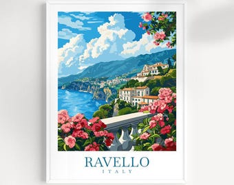 May include: A framed art print featuring a scenic view of Ravello, Italy. The artwork depicts a coastal landscape with white buildings, lush greenery, and vibrant pink flowers. The sky is blue with fluffy white clouds, and the sea is a deep blue.