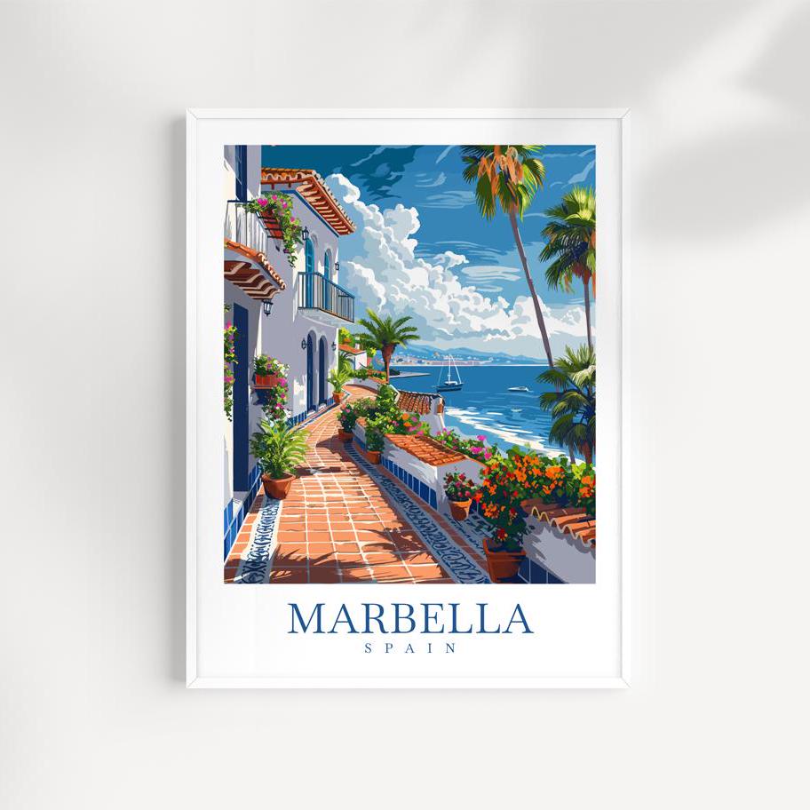 Reisposter Marbella, Spanje: muurkunst kuststadsgezicht