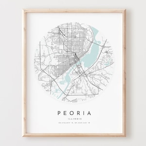 Impressão de mapa de Peoria, mapa de Peoria pôster arte de parede da cidade, mapa de estrada Il, decoração de mapa de rua impresso de Illinois, presente de escritório, L537v4