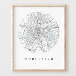 Impressão de mapa de Worcester, mapa de Worcester pôster arte de parede da cidade, mapa de estradas Ma, decoração de mapa de ruas de Massachusetts, presente de escritório, L388v4