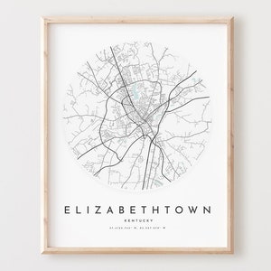 Impressão de mapa de Elizabethtown, mapa de Elizabethtown pôster arte de parede da cidade, mapa de estrada Ky, decoração de mapa de rua de impressão de Kentucky, presente de escritório, L1037v4