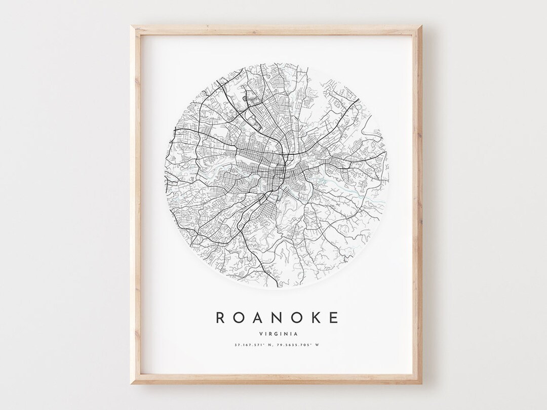 Roanoke Map Print, Roanoke Map Poster City Wall Art, Va Road Map, Virginia Print Street Map ...
