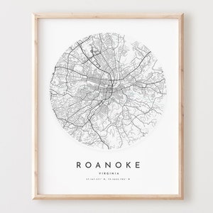 Impressão de mapa de Roanoke, mapa de Roanoke pôster arte de parede da cidade, mapa de estradas Va, decoração de mapa de rua com impressão de Virgínia, presente de escritório, L591v4