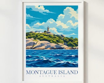 Montague Island Australia Travel Print, New South Wales Wall Art, Lighthouse Coastal Poster