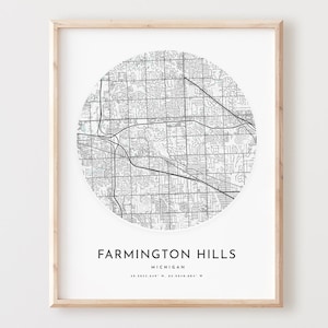 Impressão de mapa de Farmington Hills, pôster de mapa de Farmington Hills, arte de parede da cidade, mapa de estradas Mi, decoração de mapa de ruas com impressão de Michigan, presente de escritório, L998v4