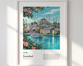 Istanbul Travel Print, Türkiye Wall Art, Bosphorus Poster, Mosque Skyline Illustration, Turkish Canvas Decor