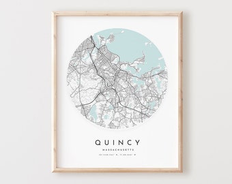 Quincy Karte Druck, Quincy Karte Poster City Wall Art, Ma Road Map, Massachusetts Print Straßen karte Dekor, Büro Geschenk, L907v4