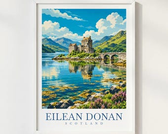 Eilean Donan Castle Scotland Travel Poster, Scottish Highlands Print, Scotland Castle Wall Art, Highland Landscape Decor