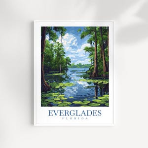 Everglades Florida Travel Print Wall Art, Illustrated Crocodile and Wetland Landscape, Original Nature Artwork, Florida Decor Adventure Gift