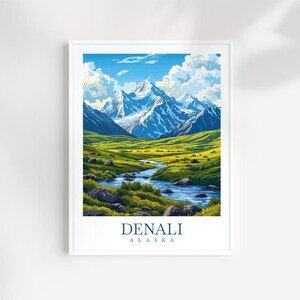 Impresión de pared de viaje a Denali, Alaska: paisaje montañoso ilustrado, obra de arte natural original, decoración de Alaska, regalo de aventura