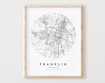 Impression de carte de Franklin, affiche de carte de Franklin, art mural de la ville, carte routière du Tn, décoration de plan de rue impression Tennessee, cadeau de bureau, L1062v4