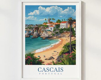 Cascais Portugal Travel Print Illustration Style Wall Art Poster Coastal Town Beach Decor