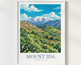 Mount Ida Crete Greece Travel Poster, Psiloritis Mountain Print, Greek Landscape Wall Art, Crete Nature Illustration