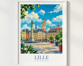 Lille France Travel Poster, Grand Place Lille Print, French City Wall Art, France Travel Illustration, European Decor