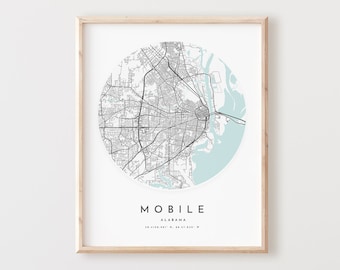 Mobile Map Print, Mobile Map Poster City Wall Art, Al Road Map, Alabama Print Street Map Decor,  Office Gift, L490v4