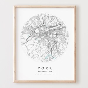 Impressão de mapa de York, mapa de York pôster arte de parede da cidade, mapa de estradas Pa, decoração de mapa de rua com impressão da Pensilvânia, presente de escritório, L577v4