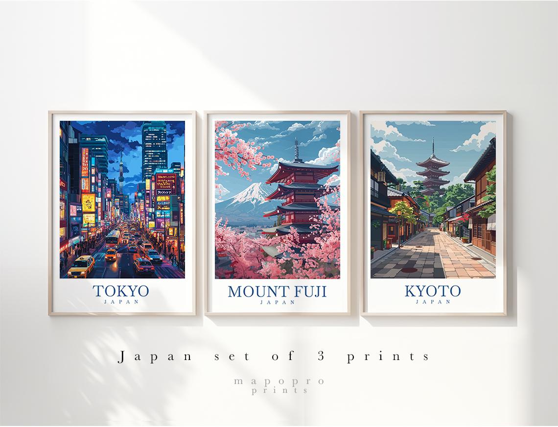 Offerta Risparmio! Set di 3 stampe da parete con viaggi in Giappone - Tokyo, Monte Fuji, Kyoto, decorazioni giapponesi, regalo di viaggio, poster artistici giapponesi