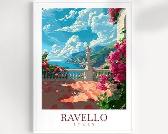 May include: A colorful illustration of a view from a balcony overlooking the ocean. The balcony is decorated with pink flowers and a white statue. The text "Ravello, Italy" is printed at the bottom of the image.