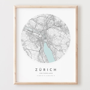 Impressão de mapa de Zurique, mapa de Zurique pôster arte de parede da cidade, mapa de estradas de Zurique, decoração de mapa de rua de impressão de Zurique, presente de escritório, L243v4