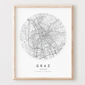 Impressão de mapa de Graz, mapa de Graz pôster arte de parede da cidade, mapa de estradas de Graz, decoração de mapa de rua com impressão de Graz, presente de escritório, L542v4