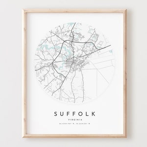 Impressão de mapa de Suffolk, mapa de Suffolk pôster arte de parede de cidade, mapa de estradas Va, decoração de mapa de rua com impressão de Virgínia, presente de escritório, L937v4