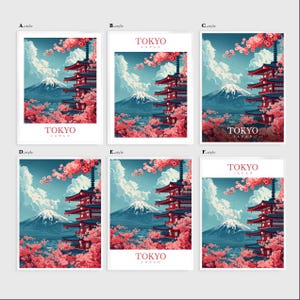 May include: A vintage travel poster design featuring a red pagoda with Mount Fuji in the background. The poster has a blue sky with white clouds and pink cherry blossoms. The text "TOKYO JAPAN" is at the bottom of the poster.