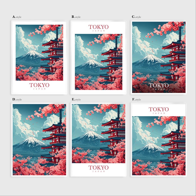 May include: A vintage travel poster design featuring a red pagoda with Mount Fuji in the background. The poster has a blue sky with white clouds and pink cherry blossoms. The text "TOKYO JAPAN" is at the bottom of the poster.