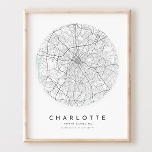 Impressão de mapa de Charlotte, mapa de Charlotte pôster arte de parede de cidade, mapa de estrada Nc, decoração de mapa de rua impressa da Carolina do Norte, presente de escritório, L205v4