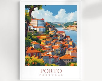 May include: A colorful illustration of the city of Porto, Portugal. The image features a cityscape with buildings, a bridge, and a river. The text "PORTO PORTUGAL" is at the bottom of the image.