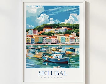 Setubal Portugal Travel Print Illustration Style Wall Art Poster Coastal City Mountain Views Decor