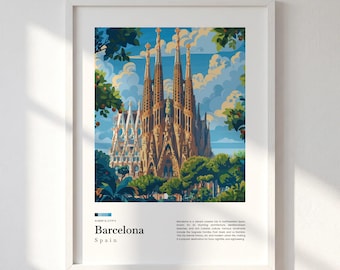 Barcelona Travel Print, Sagrada Familia Wall Art, Spain Poster, Spanish City Illustration, Canvas Decor