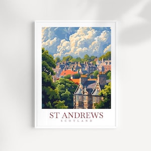 Impression paysage urbain de St Andrews Écosse Décoration d&#39;intérieur Ville européenne Impression d&#39;art Art mural St Andrews Écosse cadeau pour amateur Tenture murale St Andrews