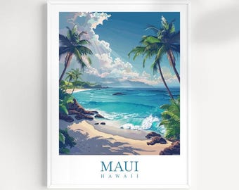 May include: A colorful illustration of a tropical beach scene with palm trees, blue water, and white sand. The text "MAUI HAWAII" is at the bottom of the image.