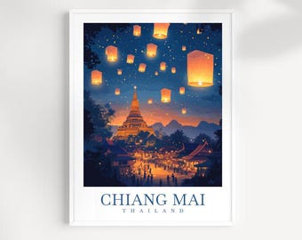 Chiang Mai Tempel Kunstdruck: Thailand City View Reise Poster