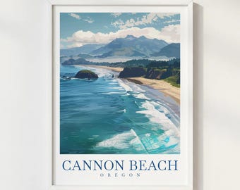 Cannon Beach Oregon USA Travel Print Illustration Style Wall Art Poster Coastal Nature Decor