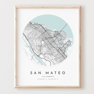 Impressão de mapa de San Mateo, mapa de San Mateo pôster arte de parede da cidade, mapa de estradas Ca, decoração de mapa de rua com impressão da Califórnia, presente de escritório, L855v4