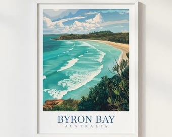 Byron Bay Print Australia Travel Print Illustration Style Wall Art Poster Coastal Nature Decor