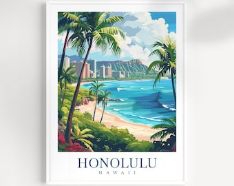 Afdruk stadsbeeld Honolulu: reiskunst aan de muur Hawaii