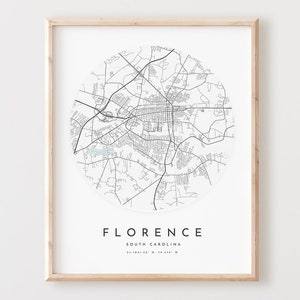 Impressão de mapa de Florença, mapa de Florença pôster arte de parede da cidade, mapa de estradas Sc, Carolina do Sul impressão mapa de rua decoração, presente de escritório, L915v4