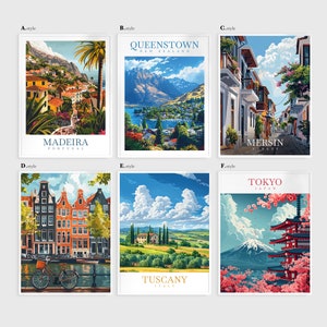 a series of four travel posters of different cities