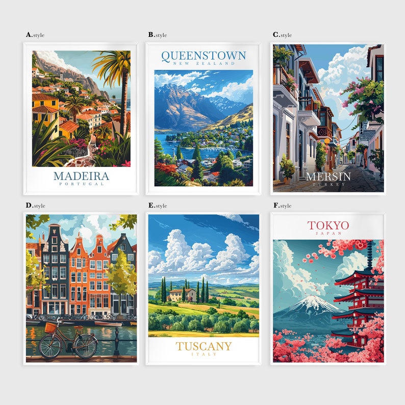 a series of four travel posters of different cities
