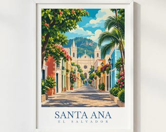 Santa Ana El Salvador Travel Poster, Santa Ana Cathedral Print, El Salvador Wall Art, Colorful Cityscape Illustration