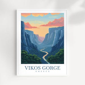 May include: A colorful illustration of Vikos Gorge in Greece. The image shows a deep canyon with a winding river flowing through it. The sky is a vibrant blue with pink and orange clouds. The text "Vikos Gorge Greece" is printed at the bottom of the image.