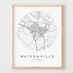 Impressão de mapa de Watsonville, mapa de Watsonville pôster arte de parede da cidade, mapa de estradas da Califórnia, decoração de mapa de ruas com impressão da Califórnia, presente de escritório, L1031v4