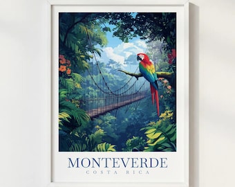 Monteverde Costa Rica Travel Print Illustration Style Wall Art Poster Cloud Forest Nature Decor
