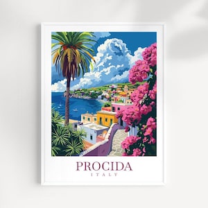 May include: A colorful illustration of a seaside town in Italy called Procida. The image features a palm tree, colorful buildings, and pink flowers.