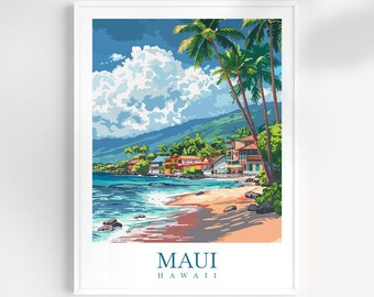 May include: A colorful illustration of a beach scene in Maui, Hawaii. The image features palm trees, a sandy beach, blue water, and a row of houses along the shore. The text "MAUI HAWAII" is printed at the bottom of the image.